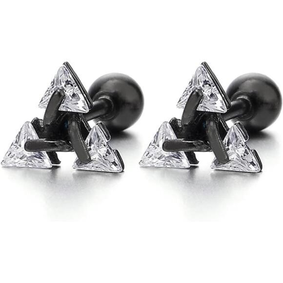 Stainless Steel Triangle Cubic Zirconia Stud Earrings for Men, Screw Back Men